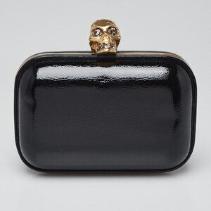 Alexander McQueen Black Patent Leather Crystal Skull Box Clutch Bag